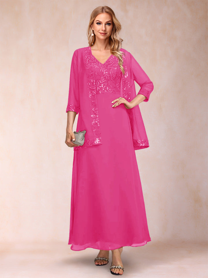 A-Line/Princess V-Neck 3/4 Sleeves 2 Pieces Mother of the Bride Dress with Sequins &amp; Jacket