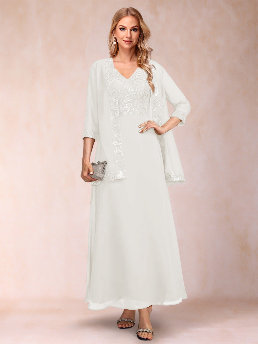 A-Line/Princess V-Neck 3/4 Sleeves 2 Pieces Mother of the Bride Dress with Sequins &amp; Jacket