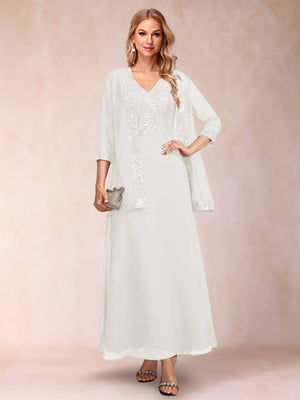 A-Line/Princess V-Neck 3/4 Sleeves 2 Pieces Mother of the Bride Dress with Sequins & Jacket