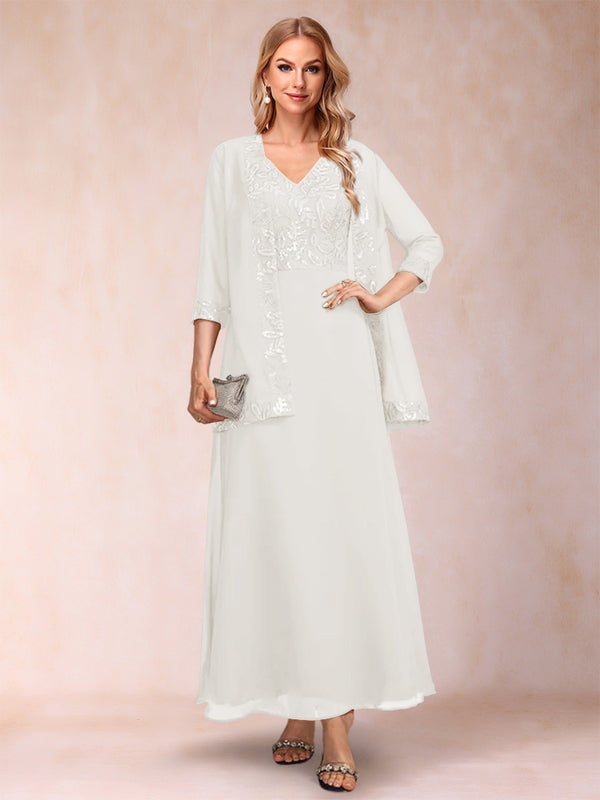 A-Line/Princess V-Neck 3/4 Sleeves 2 Pieces Mother of the Bride Dress with Sequins & Jacket