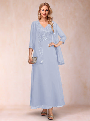 A-Line/Princess V-Neck 3/4 Sleeves 2 Pieces Mother of the Bride Dress with Sequins & Jacket
