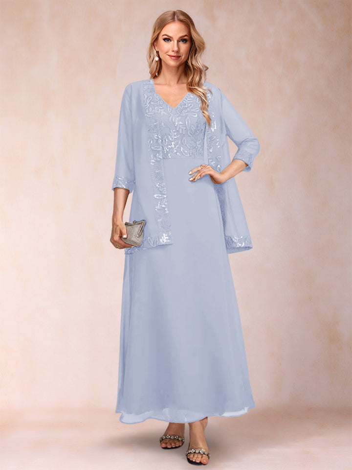 A-Line/Princess V-Neck 3/4 Sleeves 2 Pieces Mother of the Bride Dress with Sequins &amp; Jacket