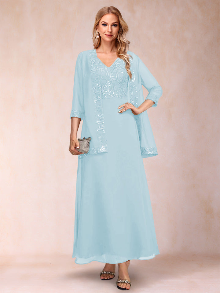 A-Line/Princess V-Neck 3/4 Sleeves 2 Pieces Mother of the Bride Dress with Sequins &amp; Jacket