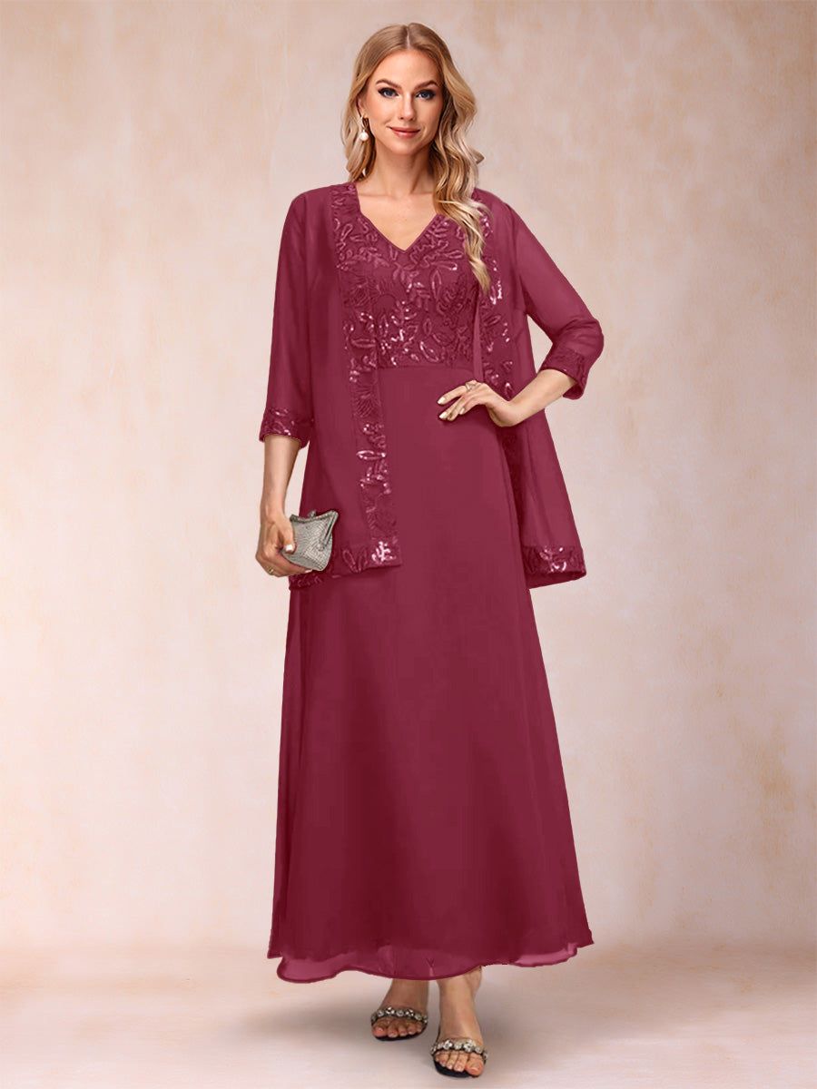 A-Line/Princess V-Neck 3/4 Sleeves 2 Pieces Mother of the Bride Dress with Sequins &amp; Jacket