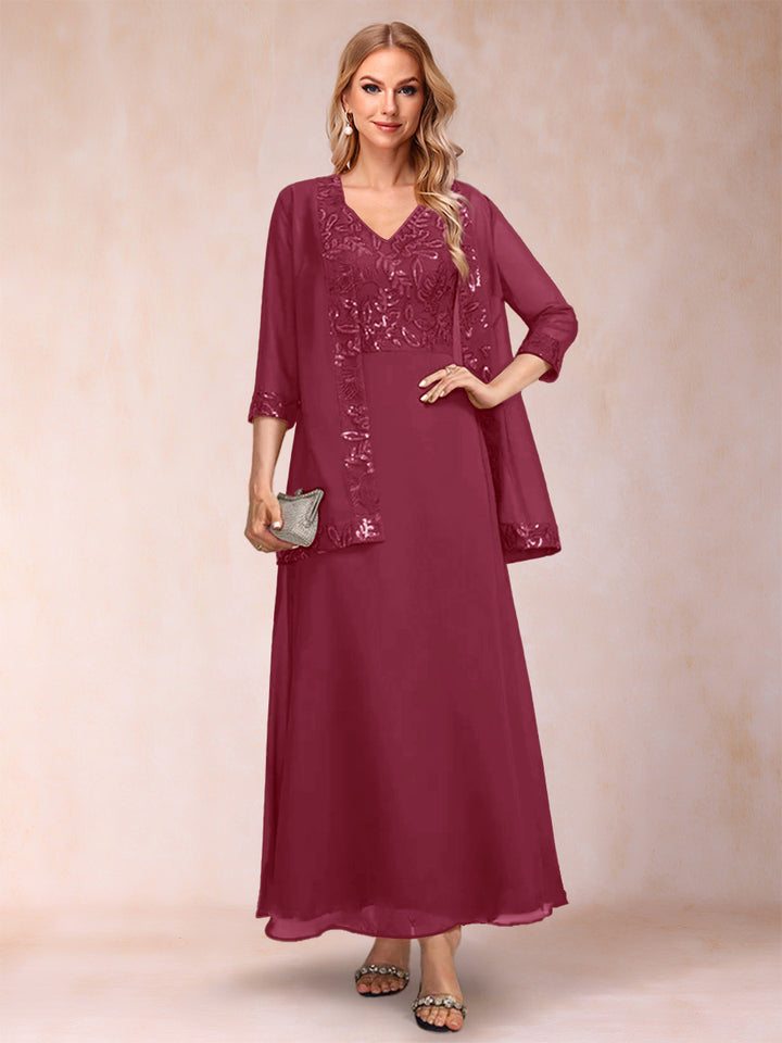 A-Line/Princess V-Neck 3/4 Sleeves 2 Pieces Mother of the Bride Dress with Sequins &amp; Jacket
