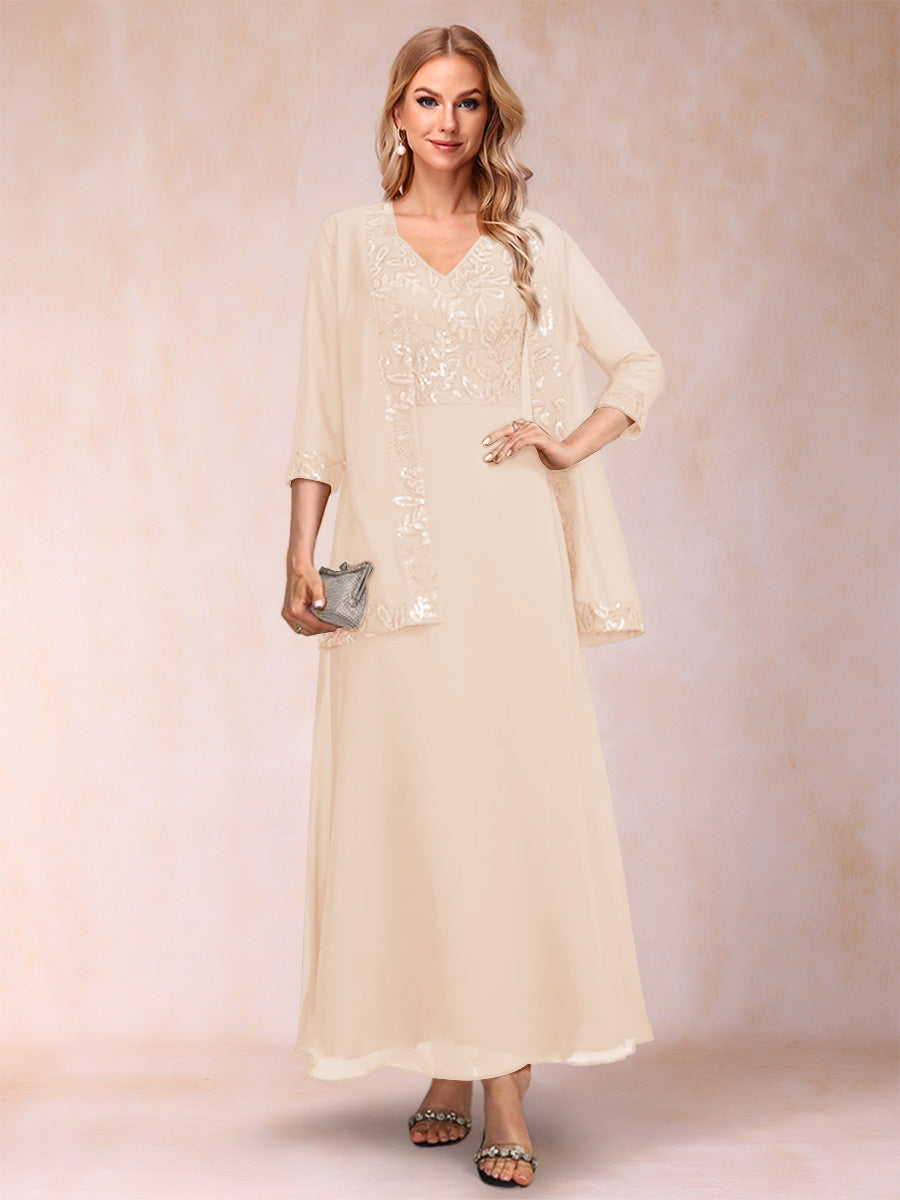 A-Line/Princess V-Neck 3/4 Sleeves 2 Pieces Mother of the Bride Dress with Sequins &amp; Jacket