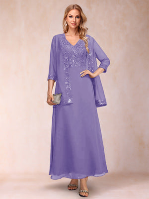 A-Line/Princess V-Neck 3/4 Sleeves 2 Pieces Mother of the Bride Dress with Sequins & Jacket