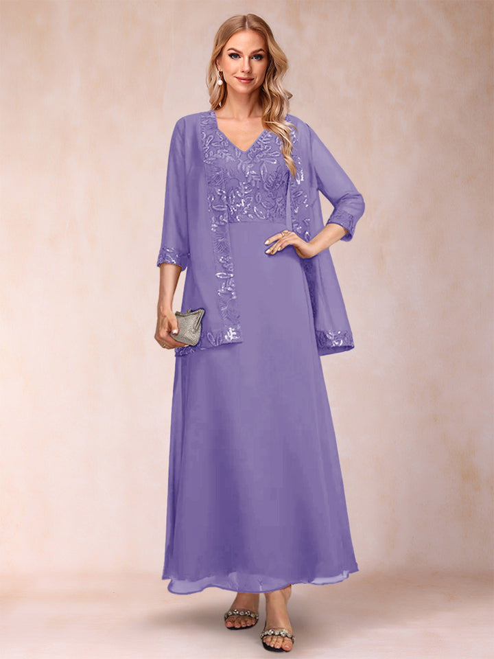 A-Line/Princess V-Neck 3/4 Sleeves 2 Pieces Mother of the Bride Dress with Sequins &amp; Jacket