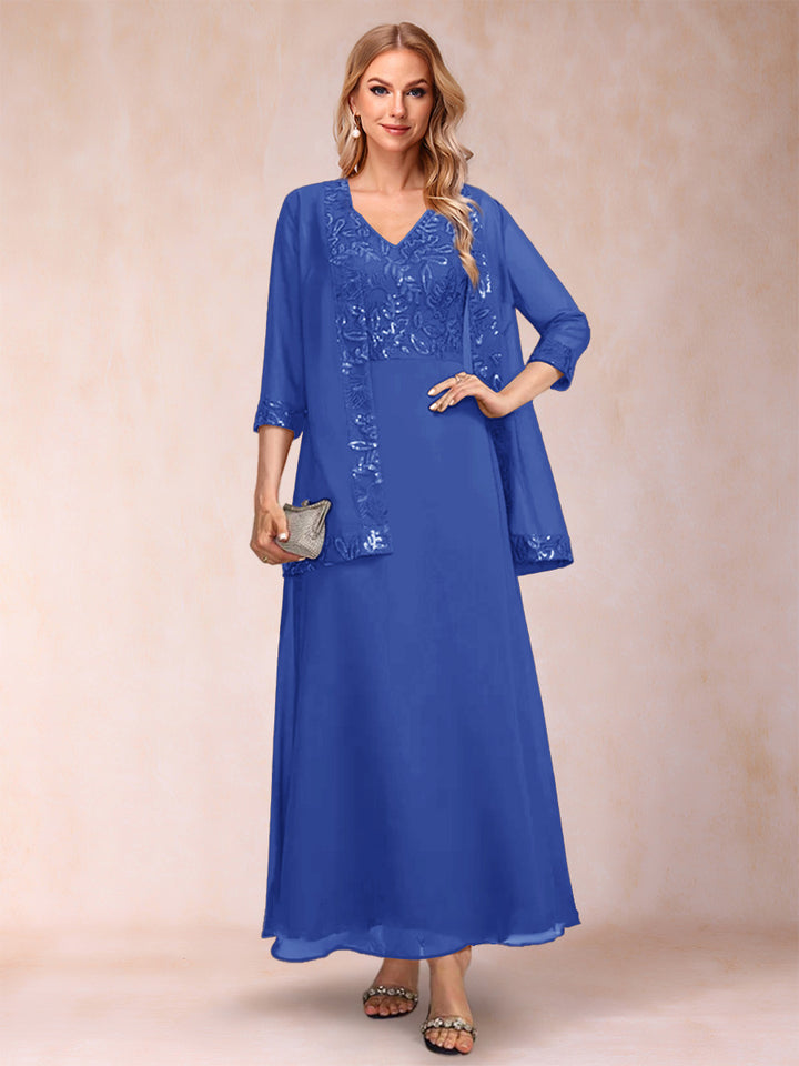 A-Line/Princess V-Neck 3/4 Sleeves 2 Pieces Mother of the Bride Dress with Sequins &amp; Jacket