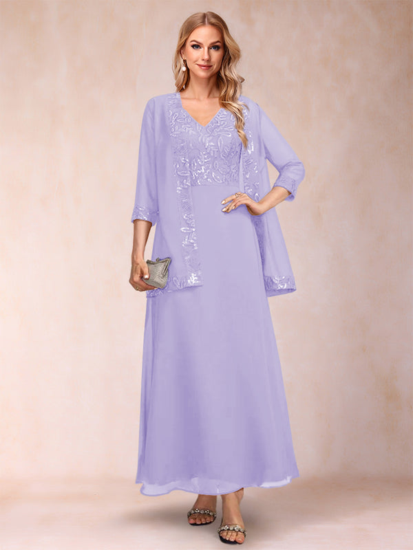 A-Line/Princess V-Neck 3/4 Sleeves 2 Pieces Mother of the Bride Dress with Sequins & Jacket