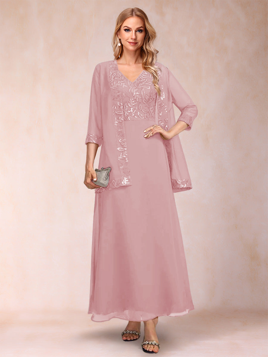A-Line/Princess V-Neck 3/4 Sleeves 2 Pieces Mother of the Bride Dress with Sequins &amp; Jacket