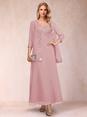 A-Line/Princess V-Neck 3/4 Sleeves 2 Pieces Mother of the Bride Dress with Sequins & Jacket