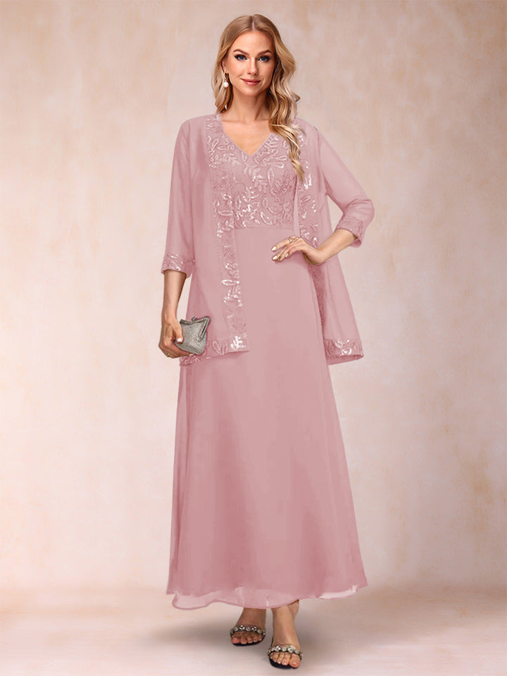 A-Line/Princess V-Neck 3/4 Sleeves 2 Pieces Mother of the Bride Dress with Sequins &amp; Jacket