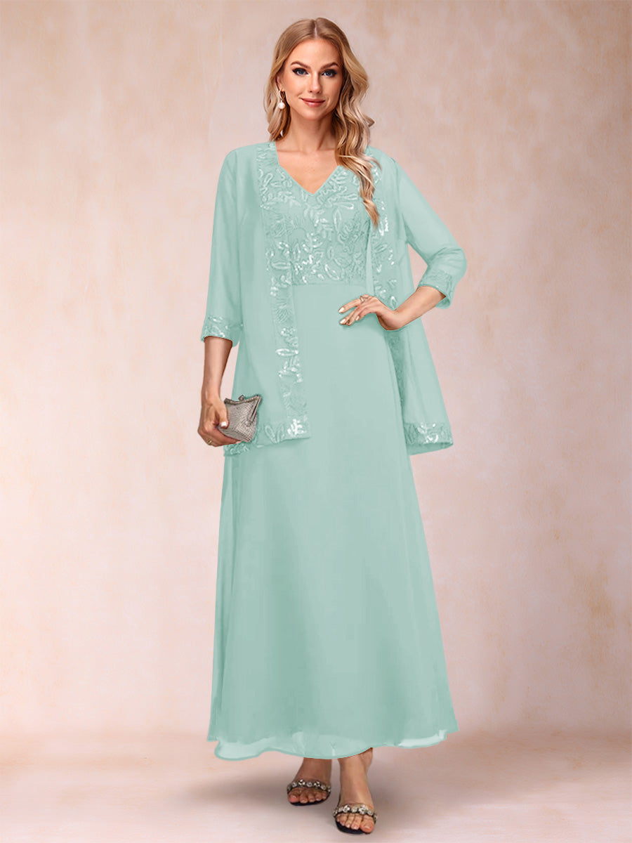 A-Line/Princess V-Neck 3/4 Sleeves 2 Pieces Mother of the Bride Dress with Sequins &amp; Jacket