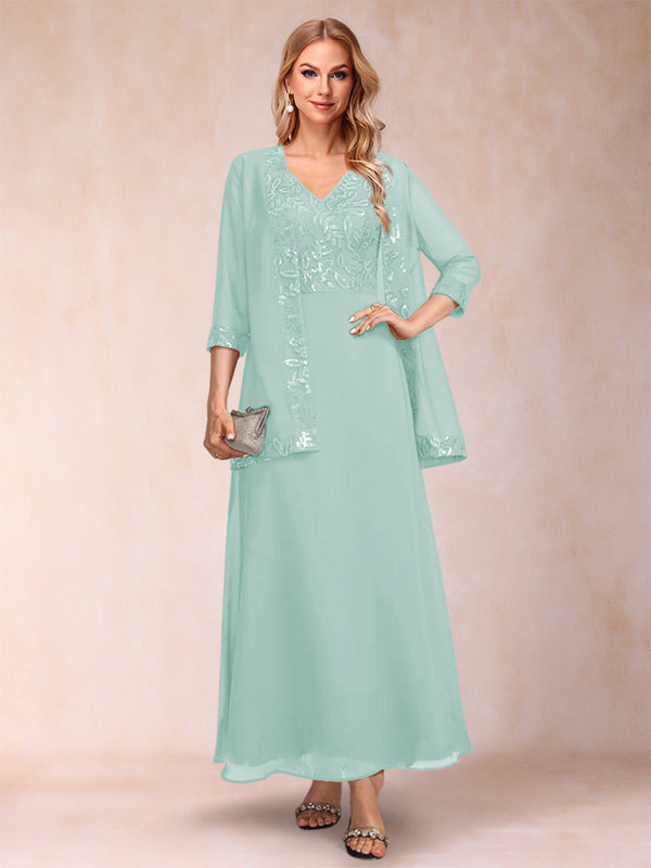 A-Line/Princess V-Neck 3/4 Sleeves 2 Pieces Mother of the Bride Dress with Sequins & Jacket