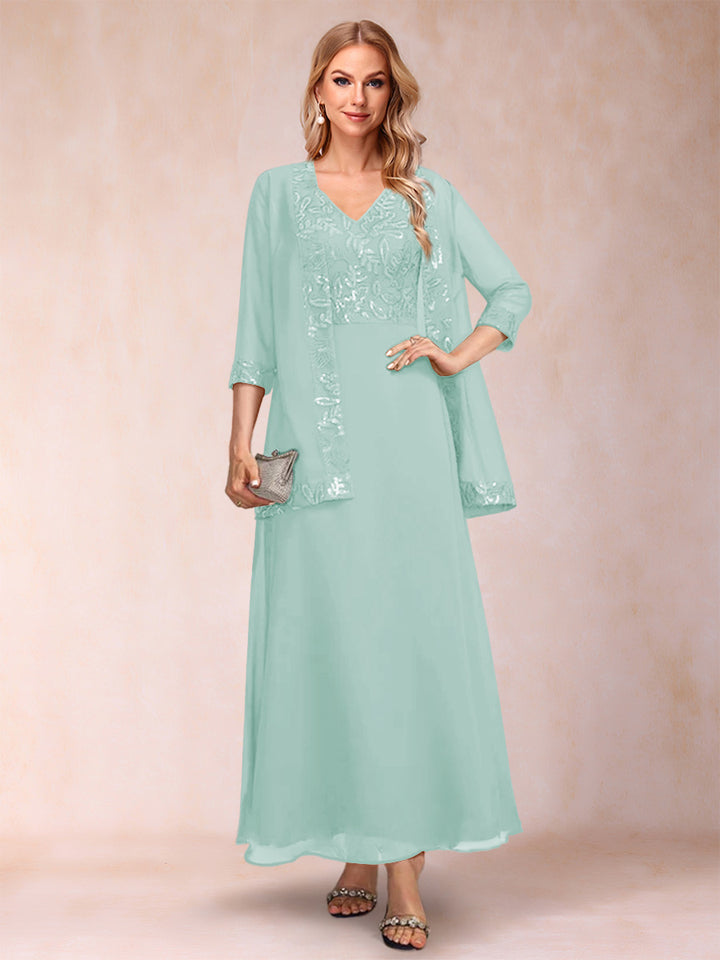 A-Line/Princess V-Neck 3/4 Sleeves 2 Pieces Mother of the Bride Dress with Sequins &amp; Jacket