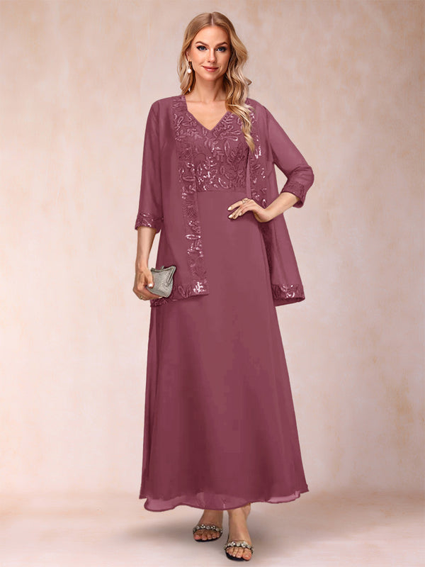 A-Line/Princess V-Neck 3/4 Sleeves 2 Pieces Mother of the Bride Dress with Sequins & Jacket