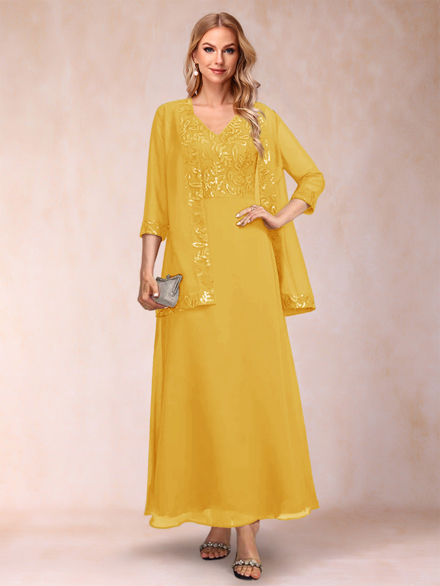 A-Line/Princess V-Neck 3/4 Sleeves 2 Pieces Mother of the Bride Dress with Sequins &amp; Jacket