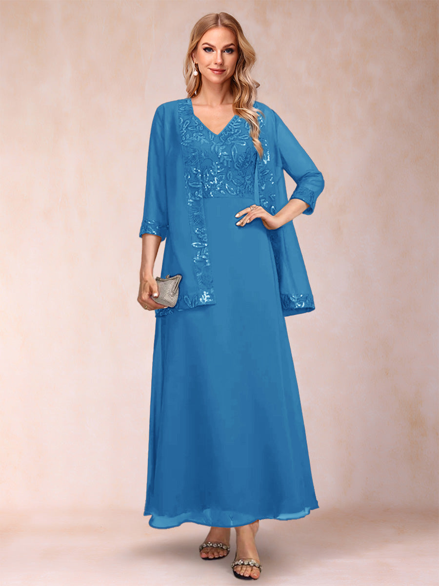 A-Line/Princess V-Neck 3/4 Sleeves 2 Pieces Mother of the Bride Dress with Sequins &amp; Jacket