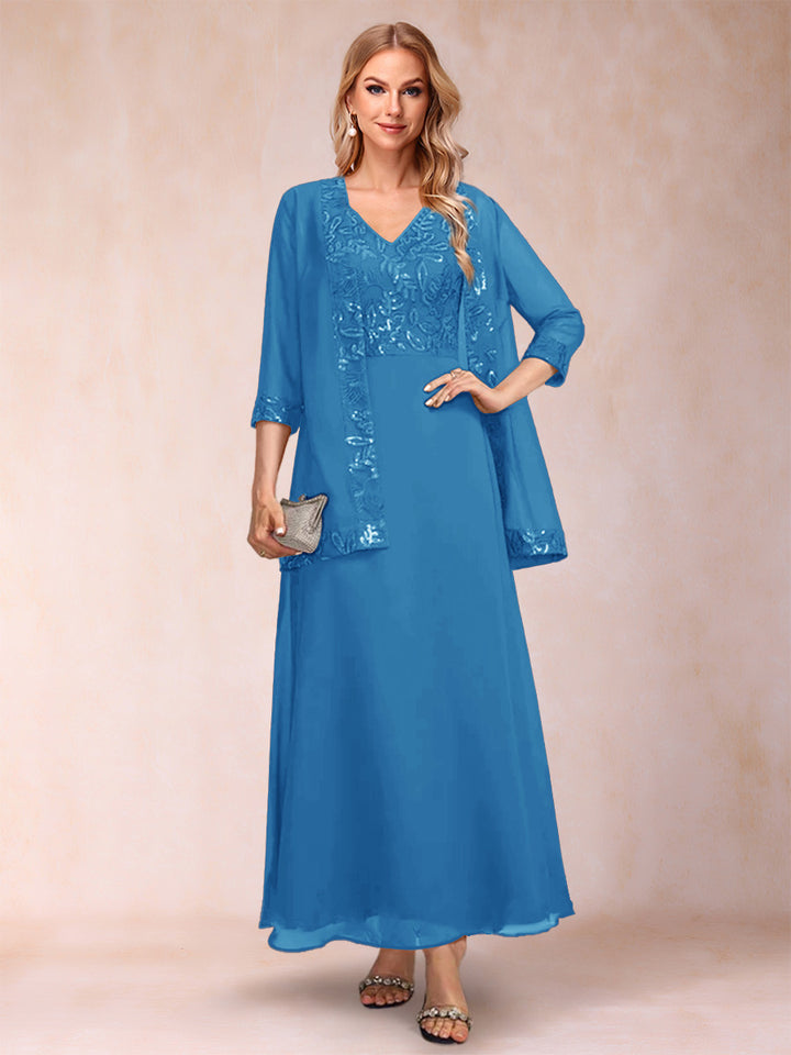A-Line/Princess V-Neck 3/4 Sleeves 2 Pieces Mother of the Bride Dress with Sequins &amp; Jacket