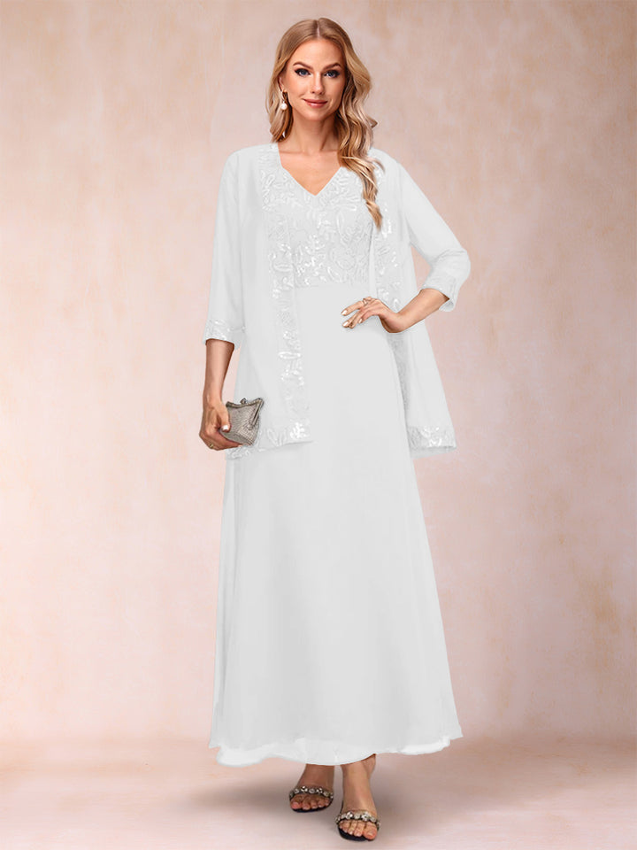 A-Line/Princess V-Neck 3/4 Sleeves 2 Pieces Mother of the Bride Dress with Sequins &amp; Jacket