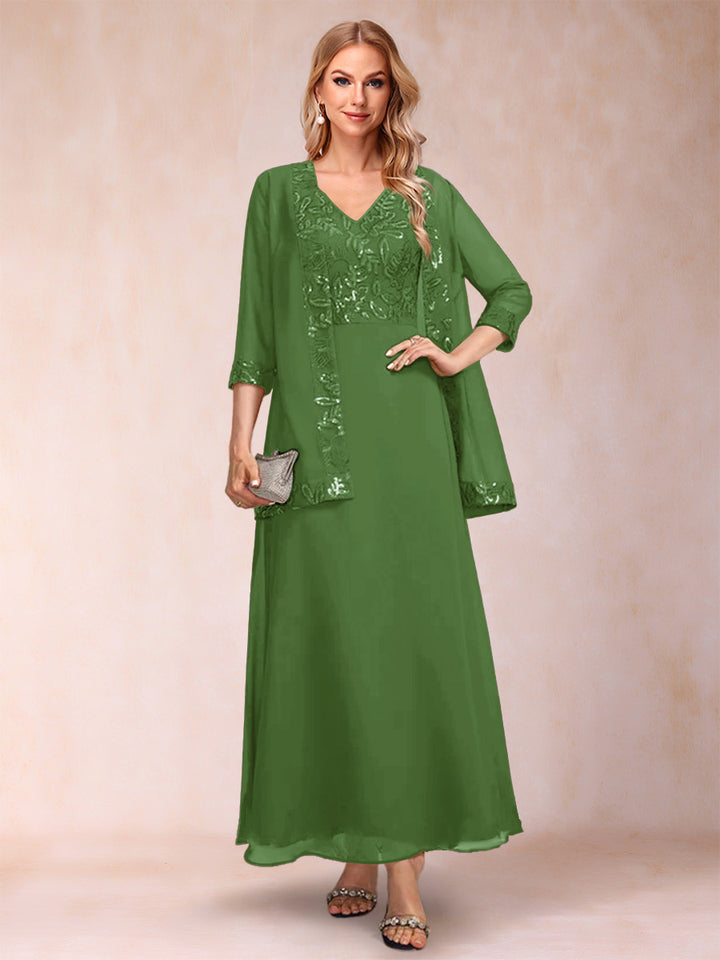 A-Line/Princess V-Neck 3/4 Sleeves 2 Pieces Mother of the Bride Dress with Sequins &amp; Jacket