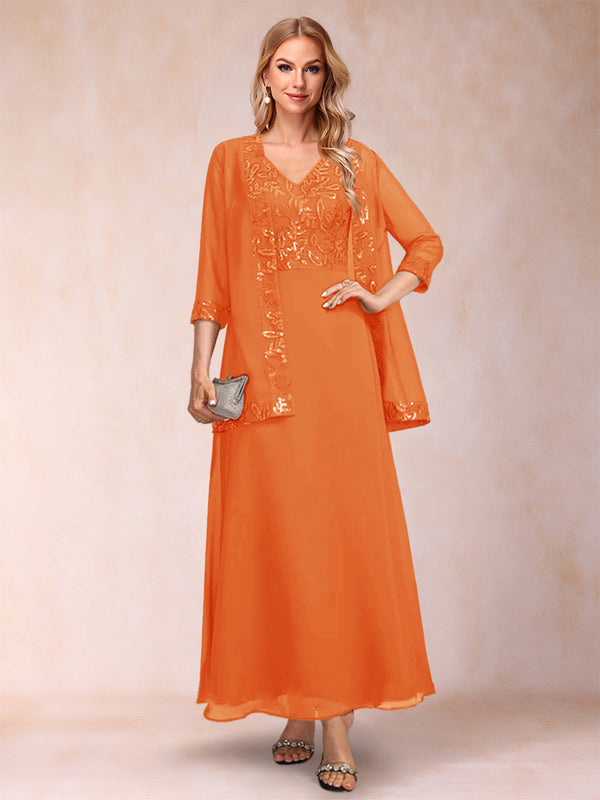 A-Line/Princess V-Neck 3/4 Sleeves 2 Pieces Mother of the Bride Dress with Sequins & Jacket