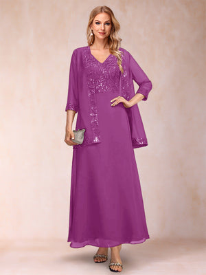 A-Line/Princess V-Neck 3/4 Sleeves 2 Pieces Mother of the Bride Dress with Sequins & Jacket