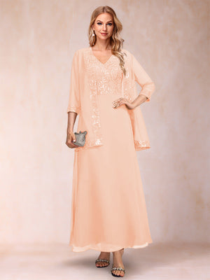 A-Line/Princess V-Neck 3/4 Sleeves 2 Pieces Mother of the Bride Dress with Sequins & Jacket
