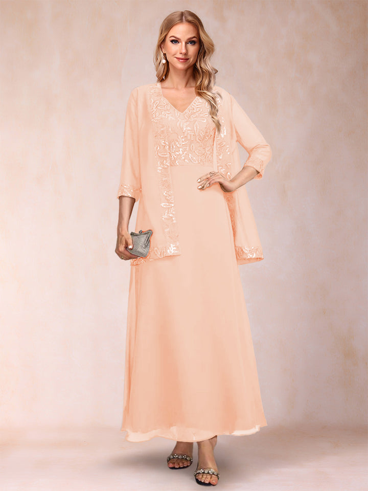 A-Line/Princess V-Neck 3/4 Sleeves 2 Pieces Mother of the Bride Dress with Sequins &amp; Jacket