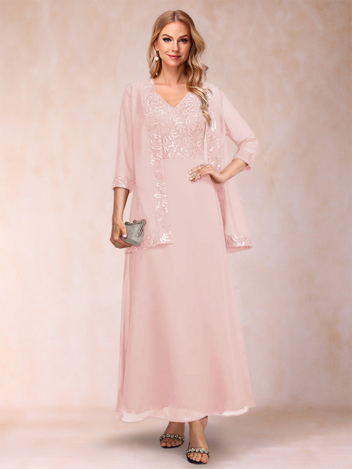 A-Line/Princess V-Neck 3/4 Sleeves 2 Pieces Mother of the Bride Dress with Sequins &amp; Jacket