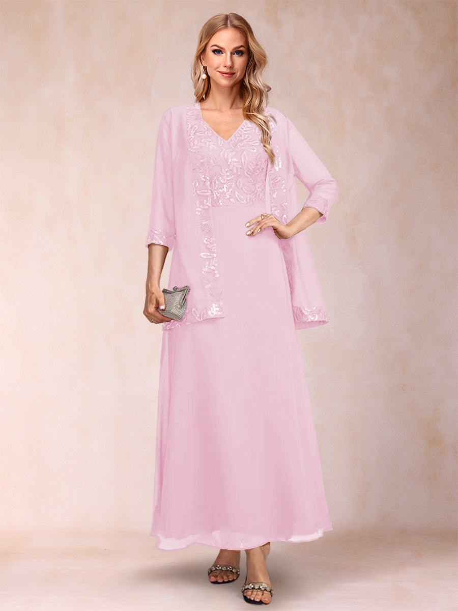 A-Line/Princess V-Neck 3/4 Sleeves 2 Pieces Mother of the Bride Dress with Sequins &amp; Jacket