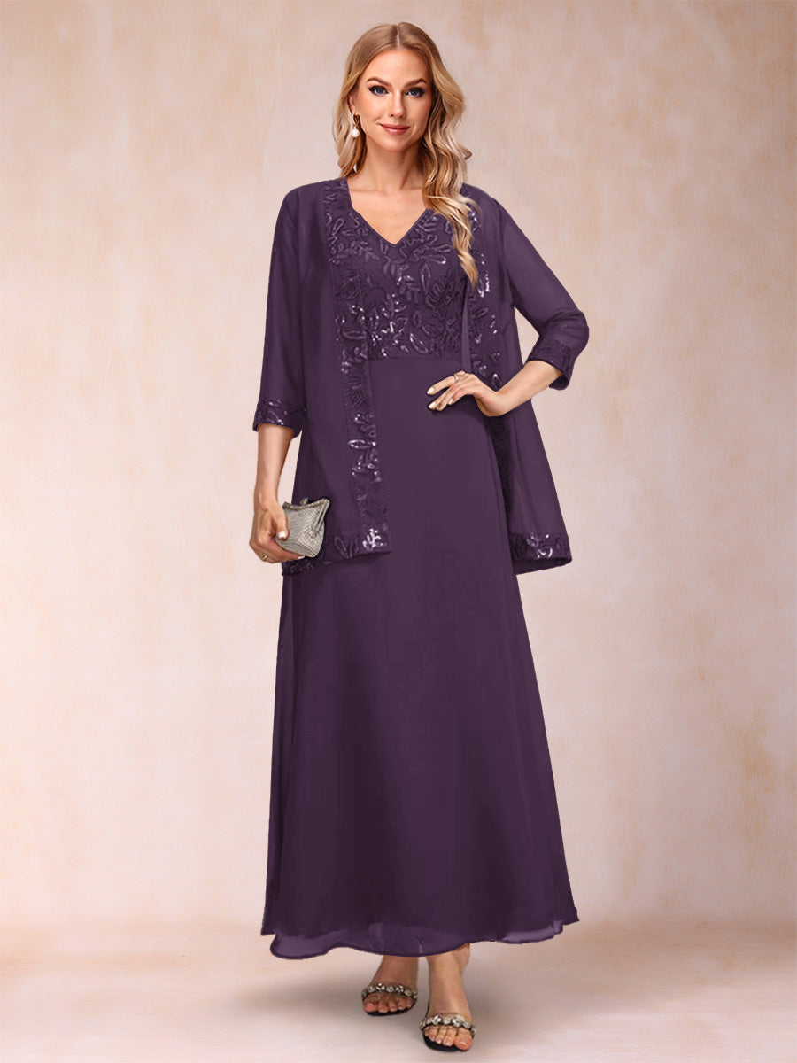 A-Line/Princess V-Neck 3/4 Sleeves 2 Pieces Mother of the Bride Dress with Sequins &amp; Jacket