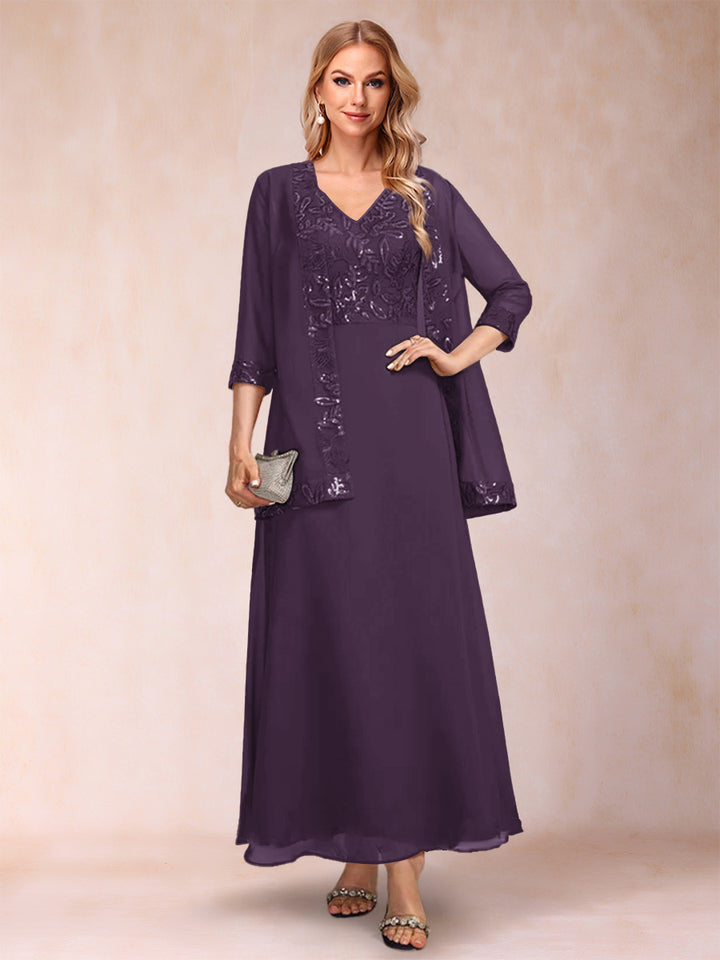 A-Line/Princess V-Neck 3/4 Sleeves 2 Pieces Mother of the Bride Dress with Sequins &amp; Jacket