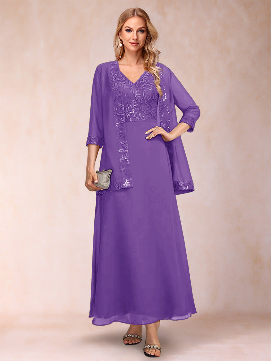 A-Line/Princess V-Neck 3/4 Sleeves 2 Pieces Mother of the Bride Dress with Sequins &amp; Jacket