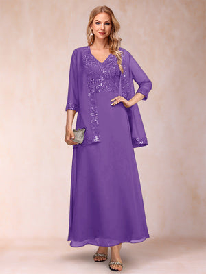 A-Line/Princess V-Neck 3/4 Sleeves 2 Pieces Mother of the Bride Dress with Sequins & Jacket
