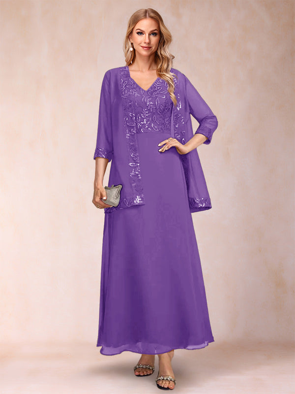 A-Line/Princess V-Neck 3/4 Sleeves 2 Pieces Mother of the Bride Dress with Sequins & Jacket
