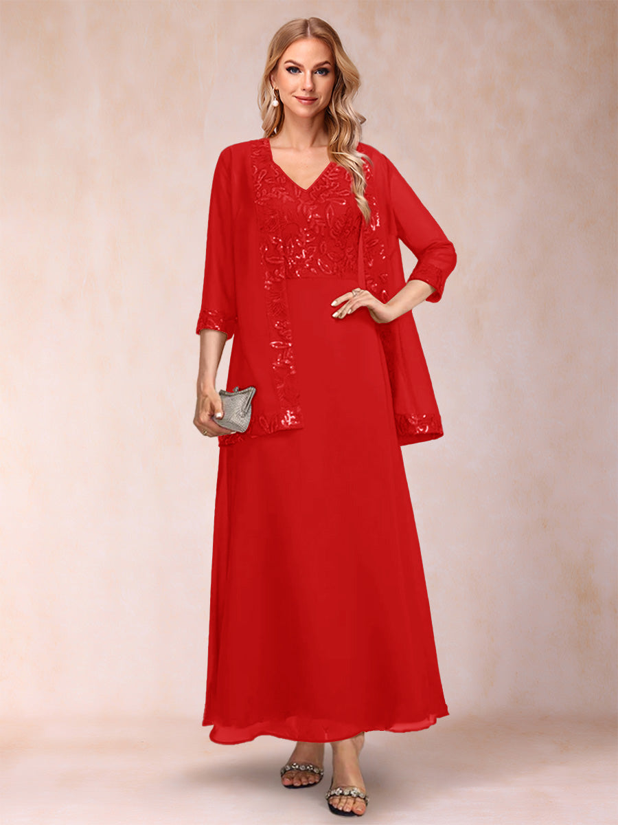 A-Line/Princess V-Neck 3/4 Sleeves 2 Pieces Mother of the Bride Dress with Sequins &amp; Jacket