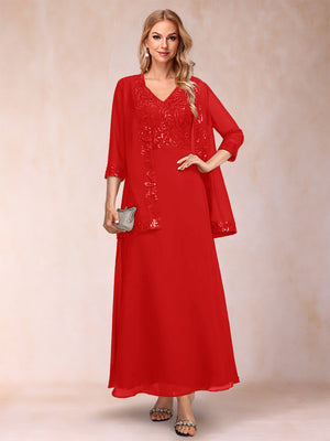 A-Line/Princess V-Neck 3/4 Sleeves 2 Pieces Mother of the Bride Dress with Sequins & Jacket