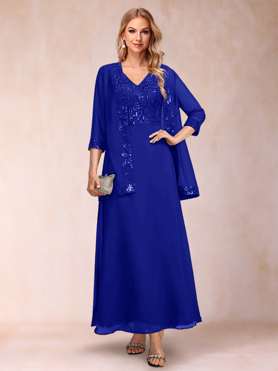 A-Line/Princess V-Neck 3/4 Sleeves 2 Pieces Mother of the Bride Dress with Sequins &amp; Jacket