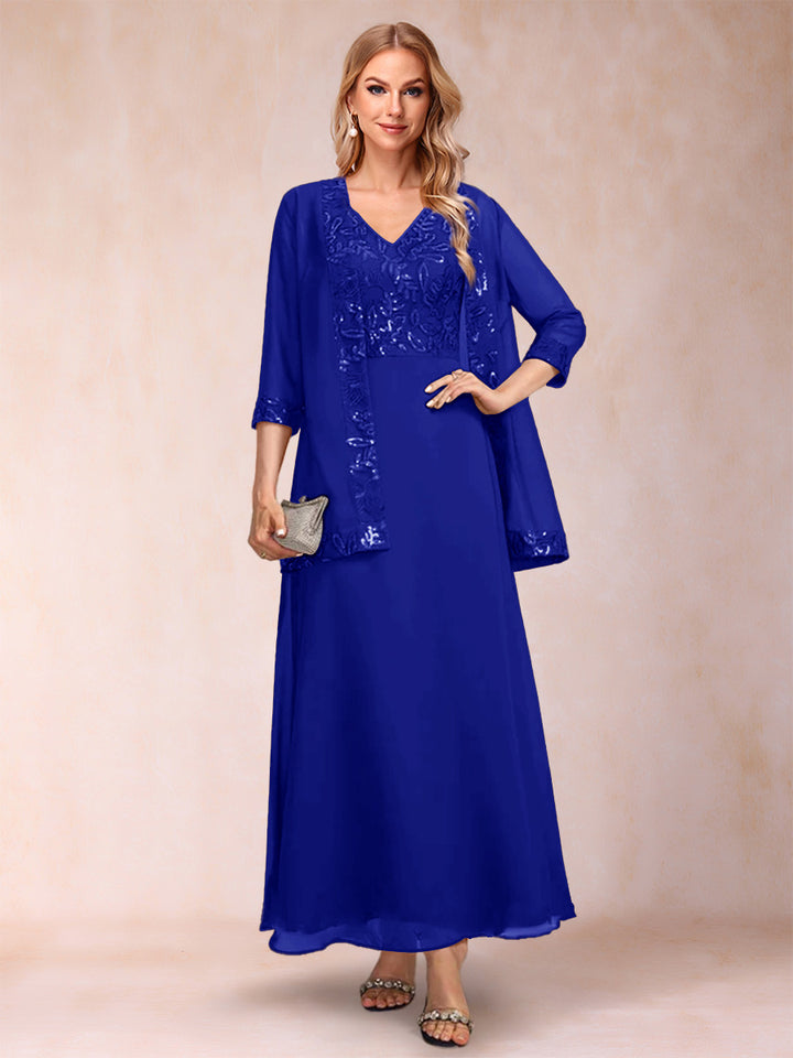 A-Line/Princess V-Neck 3/4 Sleeves 2 Pieces Mother of the Bride Dress with Sequins &amp; Jacket