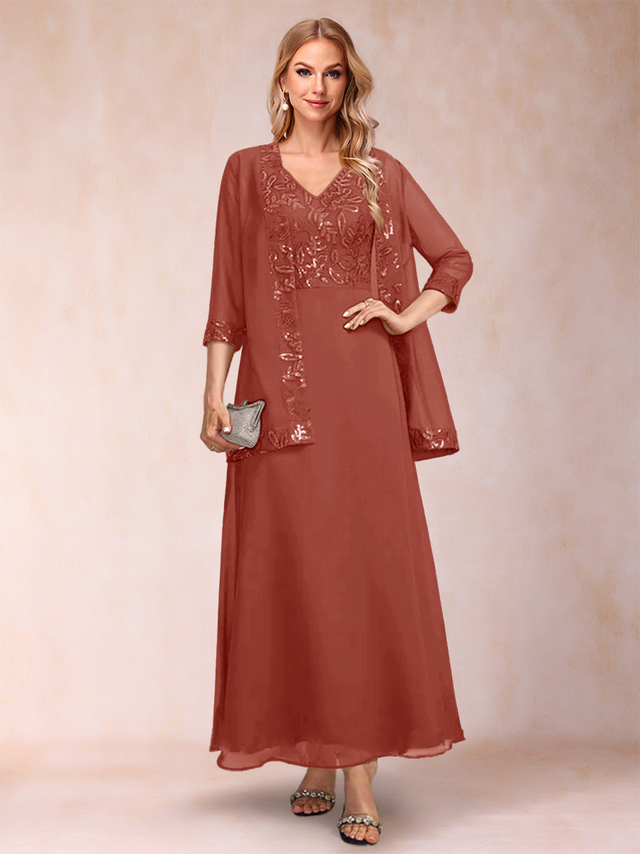 A-Line/Princess V-Neck 3/4 Sleeves 2 Pieces Mother of the Bride Dress with Sequins &amp; Jacket
