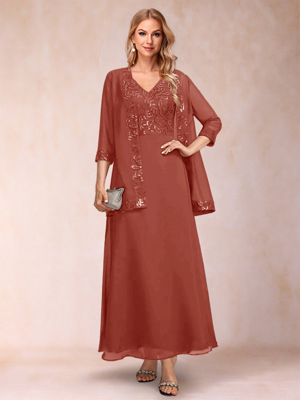 A-Line/Princess V-Neck 3/4 Sleeves 2 Pieces Mother of the Bride Dress with Sequins & Jacket