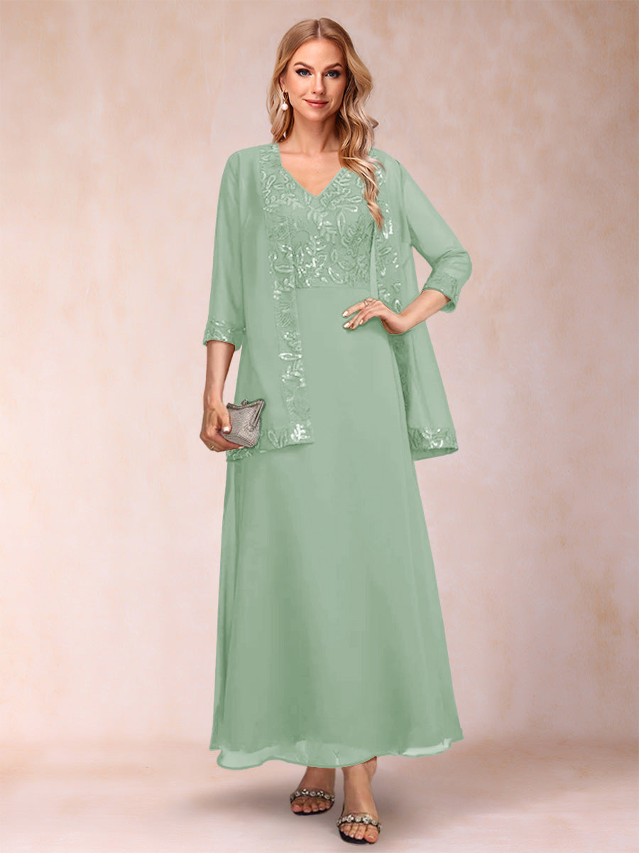 A-Line/Princess V-Neck 3/4 Sleeves 2 Pieces Mother of the Bride Dress with Sequins &amp; Jacket