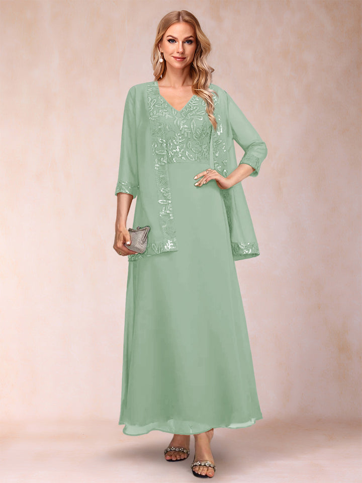 A-Line/Princess V-Neck 3/4 Sleeves 2 Pieces Mother of the Bride Dress with Sequins &amp; Jacket