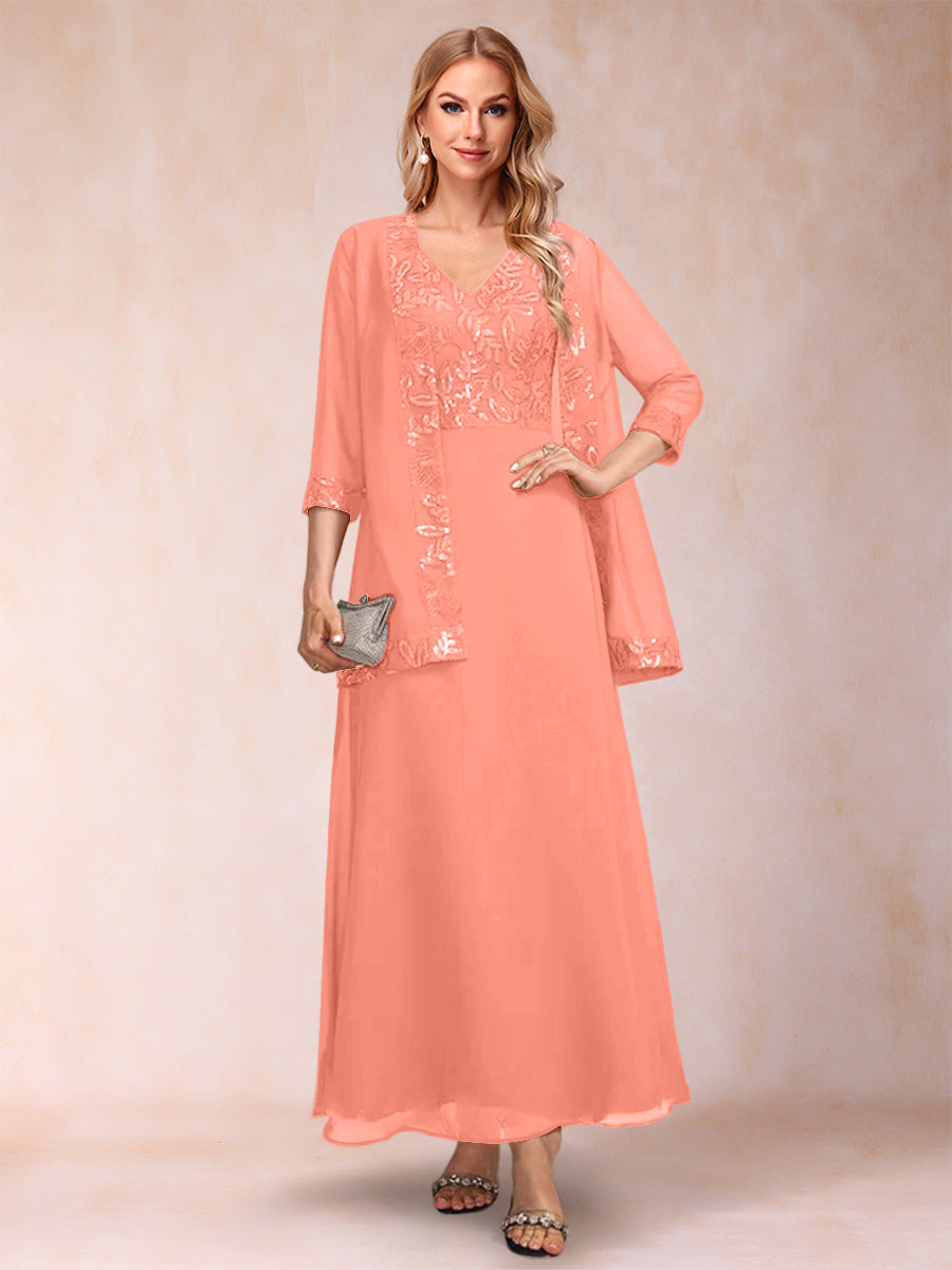 A-Line/Princess V-Neck 3/4 Sleeves 2 Pieces Mother of the Bride Dress with Sequins &amp; Jacket