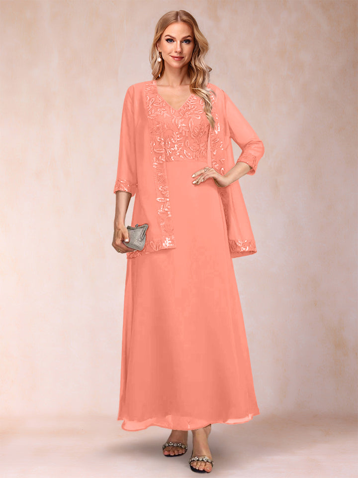 A-Line/Princess V-Neck 3/4 Sleeves 2 Pieces Mother of the Bride Dress with Sequins &amp; Jacket