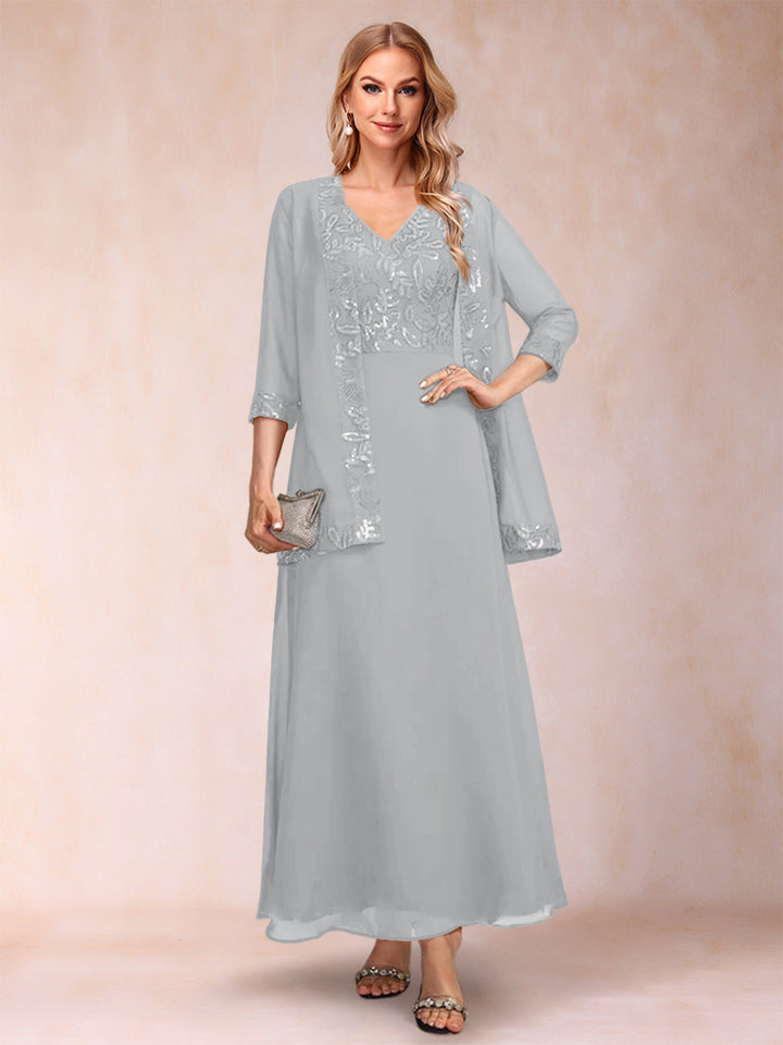 A-Line/Princess V-Neck 3/4 Sleeves 2 Pieces Mother of the Bride Dress with Sequins &amp; Jacket
