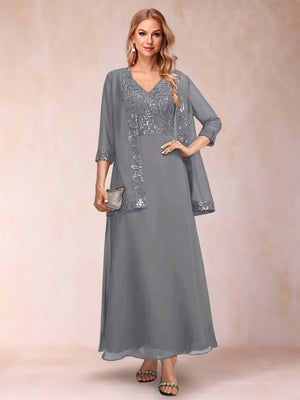 A-Line/Princess V-Neck 3/4 Sleeves 2 Pieces Mother of the Bride Dress with Sequins & Jacket