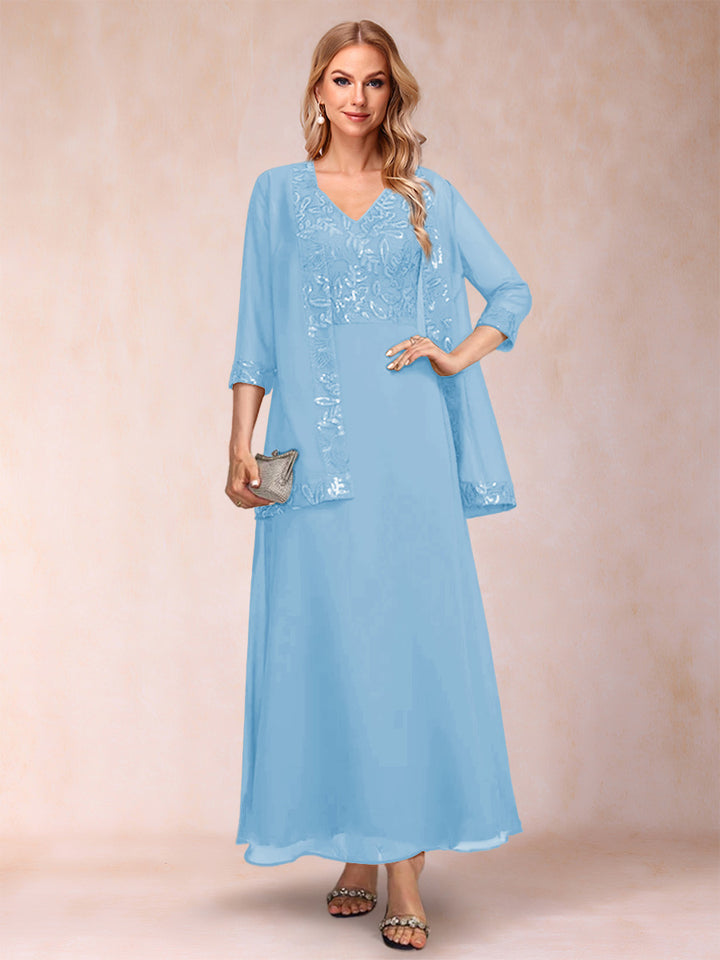 A-Line/Princess V-Neck 3/4 Sleeves 2 Pieces Mother of the Bride Dress with Sequins &amp; Jacket